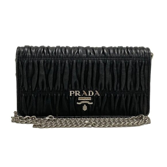 Auth PRADA Gathered Wallet Black Leather Other Style Wallet - Picture 1 of 11